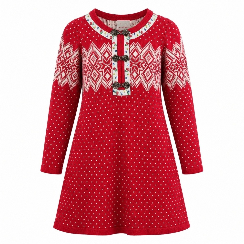 Hanna Andersson Girls Red Nordic Fair Isle Sweater Dress Silver Clasps Size 6-7